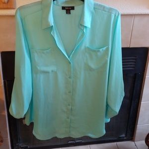 Classic Aqua Blouse With Long Roll Tab Sleeves